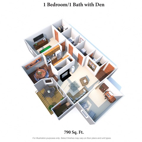 Floor plan for 1 bed, 1 bath, 790 sqft